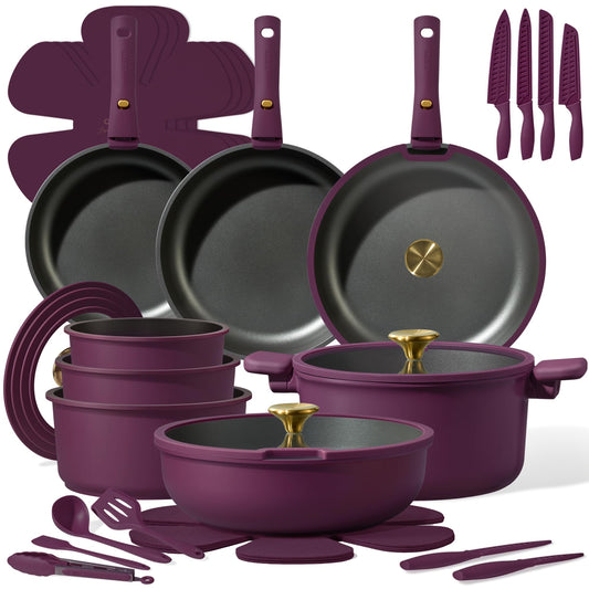 CAROTE 38-Piece Nonstick Cookware & Knife Set | Detachable Handle, Induction
