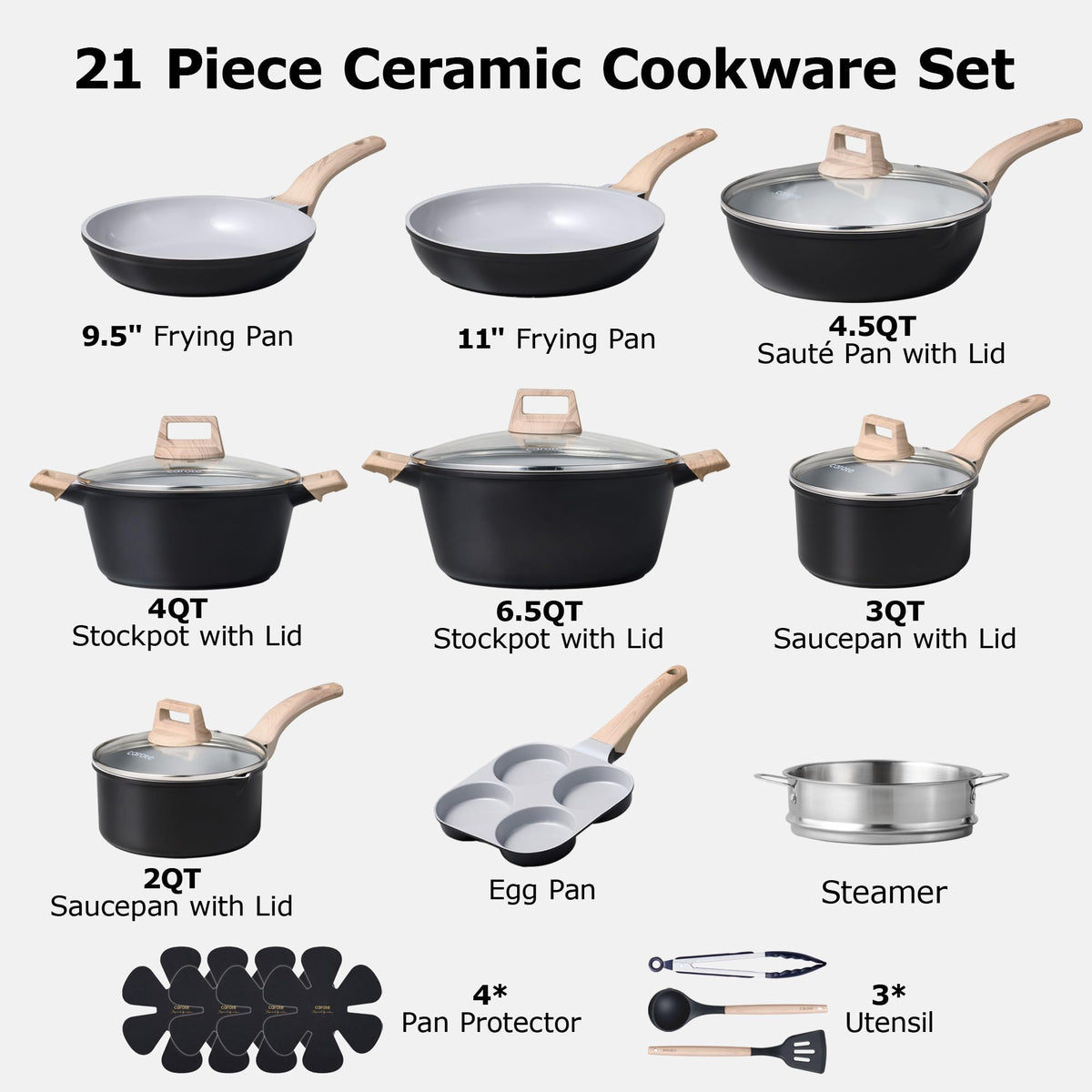 CAROTE 21-Piece Black Nonstick Cookware Set | Granite, Induction Compatible
