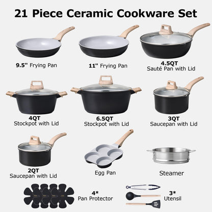 CAROTE 21-Piece Black Nonstick Cookware Set | Granite, Induction Compatible