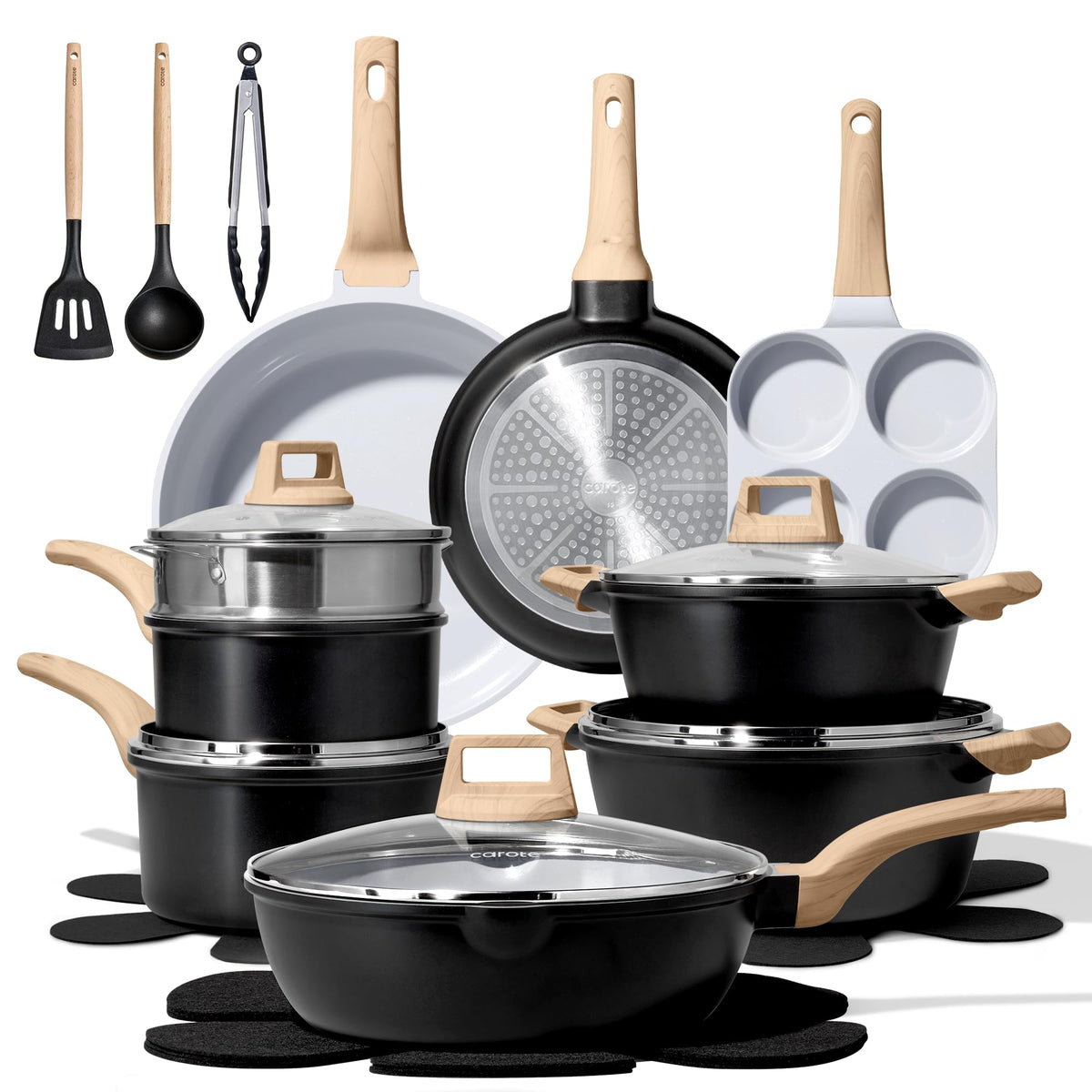 CAROTE 21-Piece Black Nonstick Cookware Set | Granite, Induction Compatible