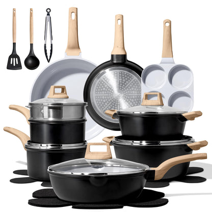CAROTE 21-Piece Black Nonstick Cookware Set | Granite, Induction Compatible