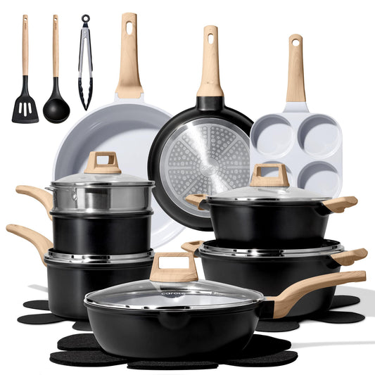 CAROTE 21-Piece Black Nonstick Cookware Set | Granite, Induction Compatible
