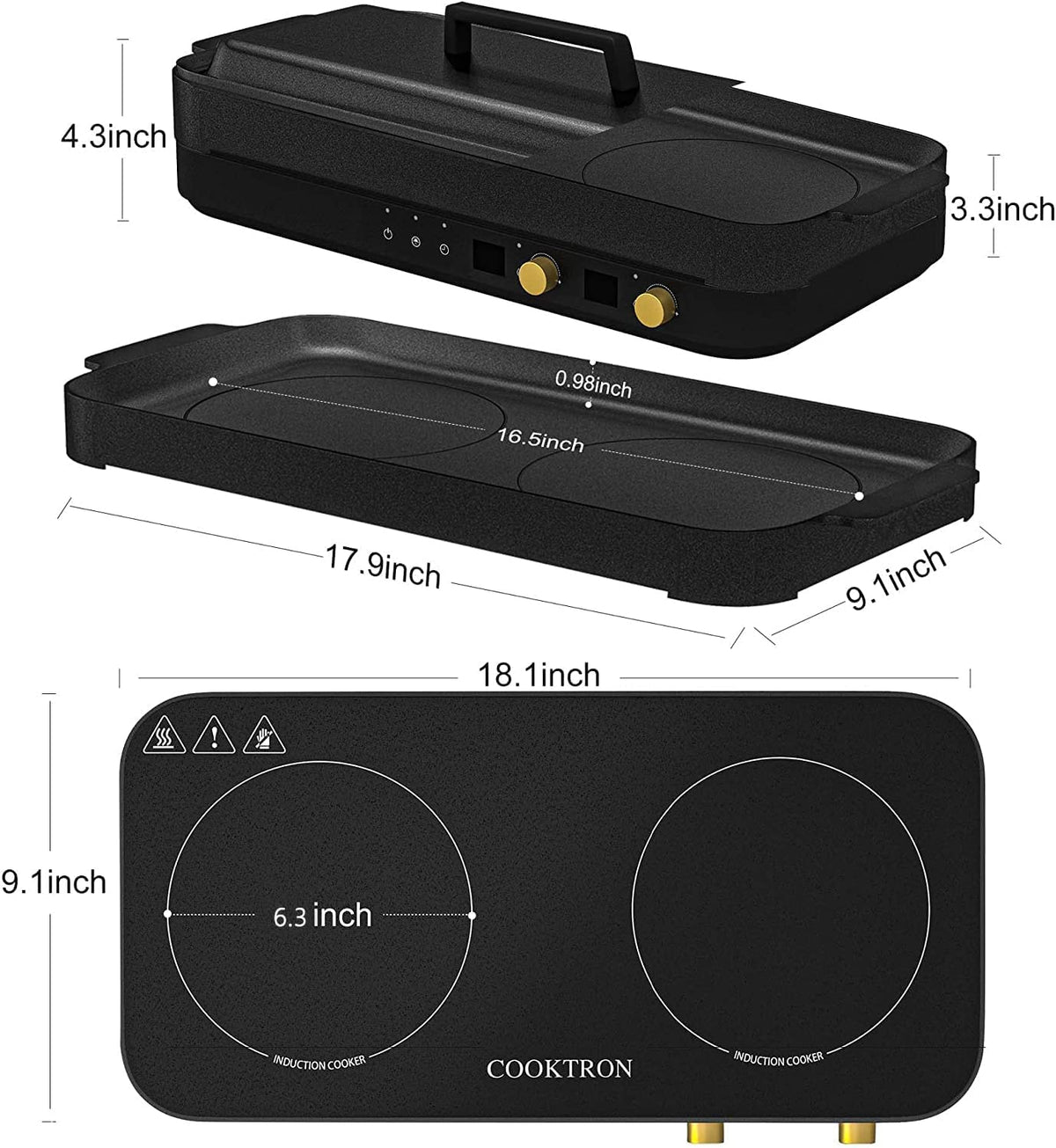 COOKTRON 1800W 2-Burner Induction Cooktop with Cast Iron Griddle | Portable