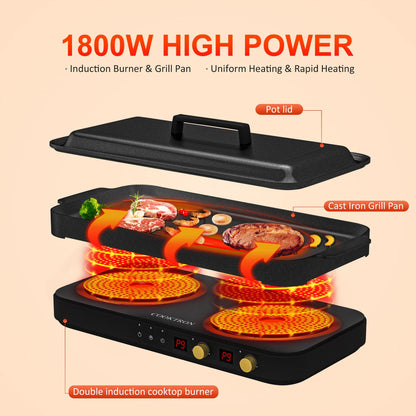 COOKTRON 1800W 2-Burner Induction Cooktop with Cast Iron Griddle | Portable