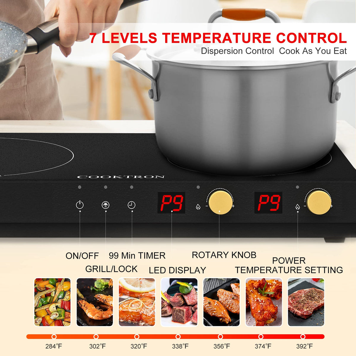 COOKTRON 1800W 2-Burner Induction Cooktop with Cast Iron Griddle | Portable