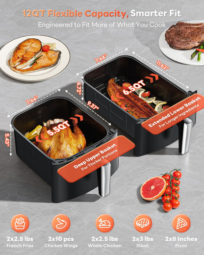 Beelicious 12QT Dual Basket Air Fryer | PFAS-Free, Dishwasher-Safe