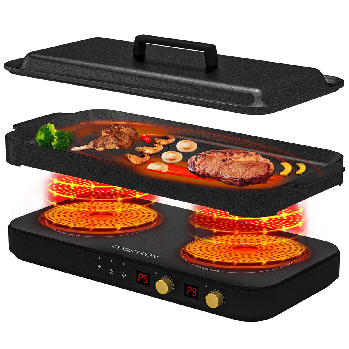 COOKTRON 1800W 2-Burner Induction Cooktop with Cast Iron Griddle | Portable