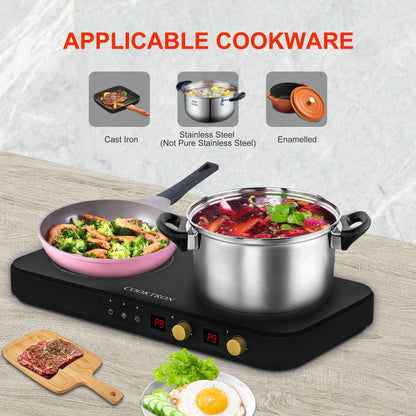 COOKTRON 1800W 2-Burner Induction Cooktop with Cast Iron Griddle | Portable