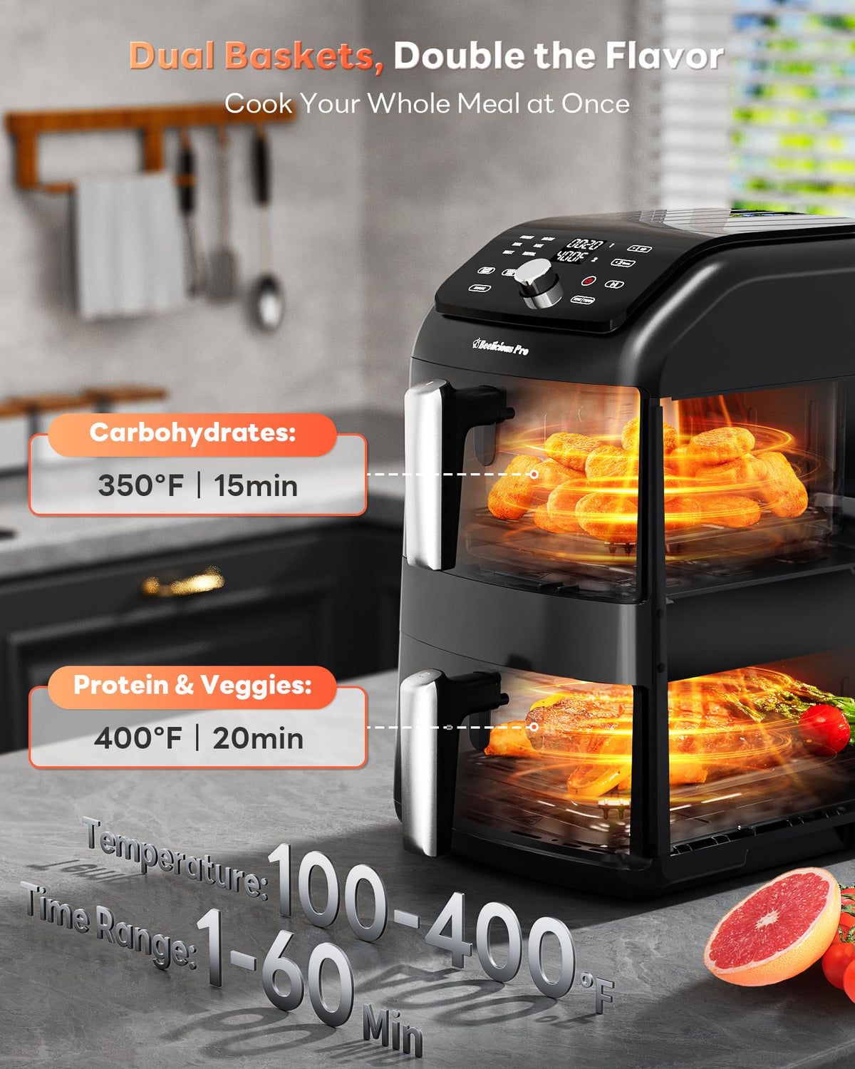 Beelicious 12QT Dual Basket Air Fryer | PFAS-Free, Dishwasher-Safe